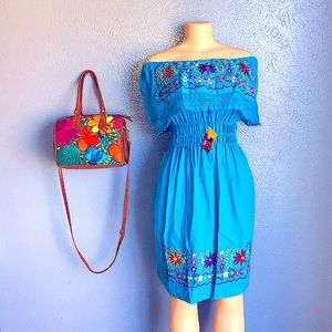Off Shoulders Mexican Floral Embroidered Dress